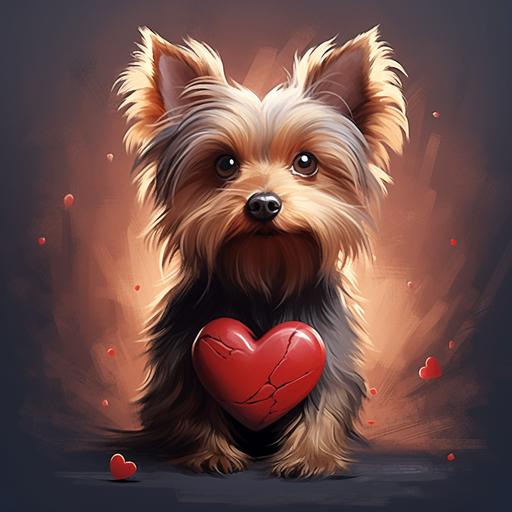 a cartoon like red heart. inside the heart there is a yorkshire terrier dog