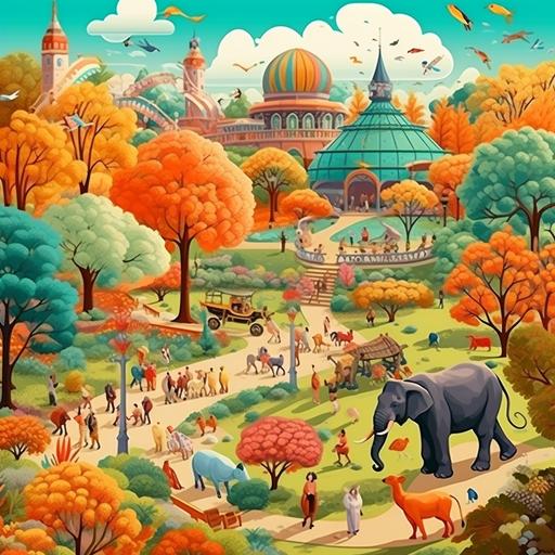 a cow, a tiger, an elephant walking in a zoo park and humans are in the cages. The zoo park is full of colorful trees and flowers