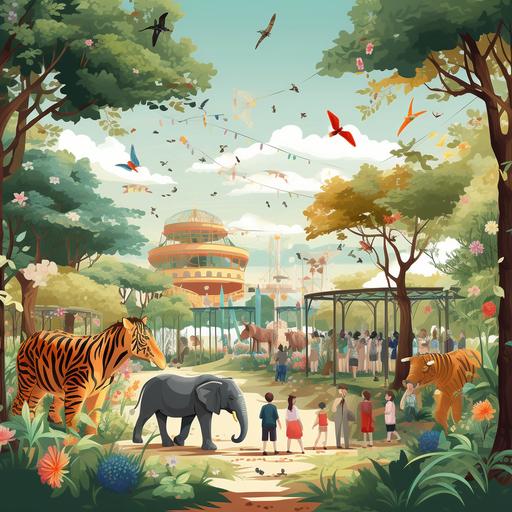 a cow, a tiger, an elephant walking in a zoo park and humans are in the cages. The zoo park is full of colorful trees and flowers