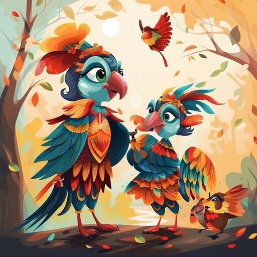 cartoon like parrots on a tree in the forest with kids in parrot carnival costumes, venetian carnival masks with colorful feather levitating to the sky