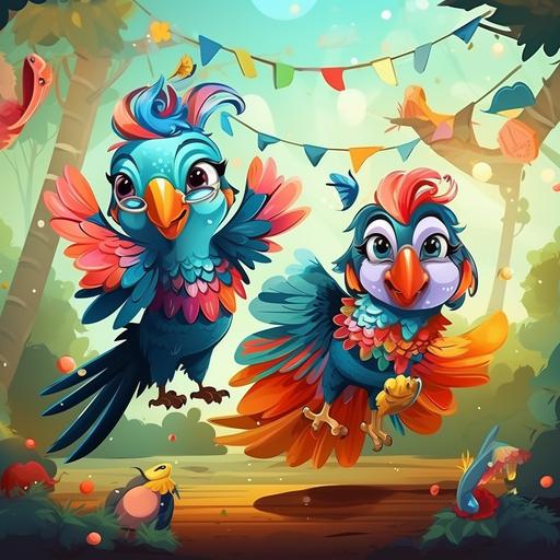cartoon like parrots on a tree in the forest with kids in parrot carnival costumes, venetian carnival masks with colorful feather levitating to the sky