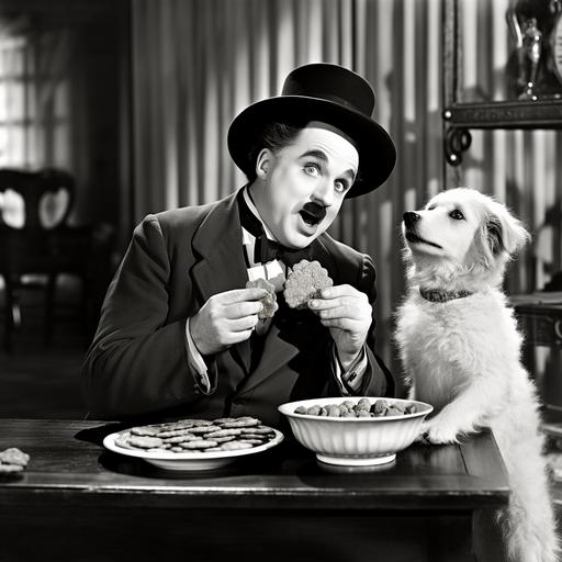 charlie chaplin aggressively eating dog biscuits because he lost a bet