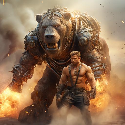 chris hemsworth fighting a giant mechanical bear, he is wearing gladiator armor, the fight in a steam punk world, hyper realistic style, smoke and fire all around