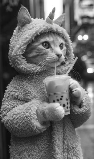 christian coigny photo of a Cat wearing a unicorn costume holding a boba tea while standing in times square --s 600 --ar 3:5 --v 6.0