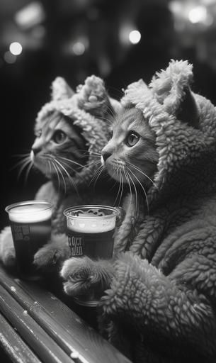 christian coigny photo of a loving cat couple wearing teddy bear costumes holding beer while at a rock concert --ar 3:5 --stylize 600 --v 6.0