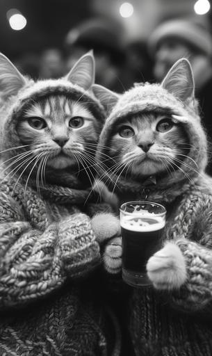 christian coigny photo of a loving cat couple wearing teddy bear costumes holding beer while at a rock concert --ar 3:5 --stylize 600 --v 6.0