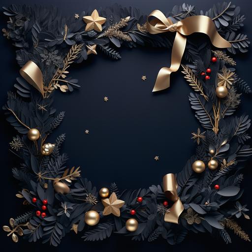 christmas background, xmas banner, gift, wrapping paper with christmas tree, wreath, bow, in the style of dark navy and light black, atey ghailan, minimalist stage designs, charles willson peale, opulent ornaments, photorealistic compositions, unique framing and composition