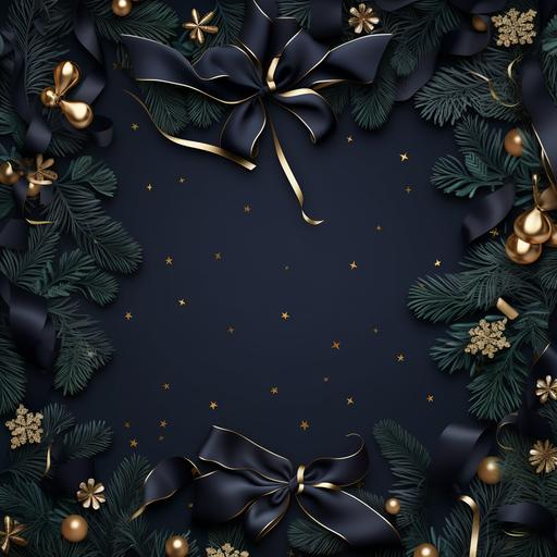 christmas background, xmas banner, gift, wrapping paper with christmas tree, wreath, bow, in the style of dark navy and light black, atey ghailan, minimalist stage designs, charles willson peale, opulent ornaments, photorealistic compositions, unique framing and composition
