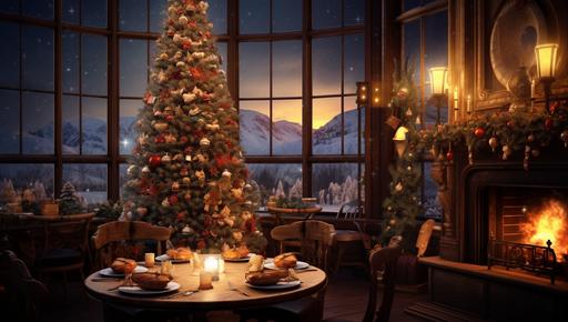 christmas cafe, cozy atmosphere, fireplace, decorated table, big windows, christmas tree, christmas light, warm colors, --ar 160:91
