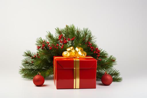 christmas decorations and a red gift box on top of pine branches, in the style of elaborate borders, white background --ar 128:85