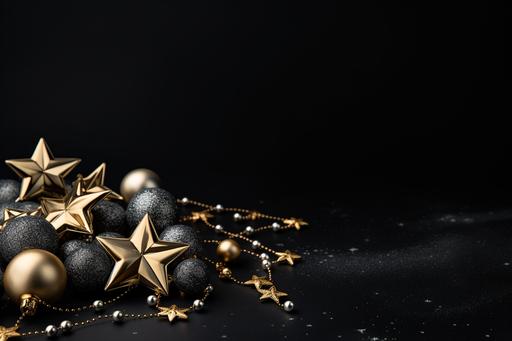 christmas gold stars and decorations on black background, in the style of minimalist backgrounds, sterling silver highlights, creative commons attribution, unique and one-of-a-kind pieces, mundane materials, exacting precision, dark silver and gold --ar 128:85