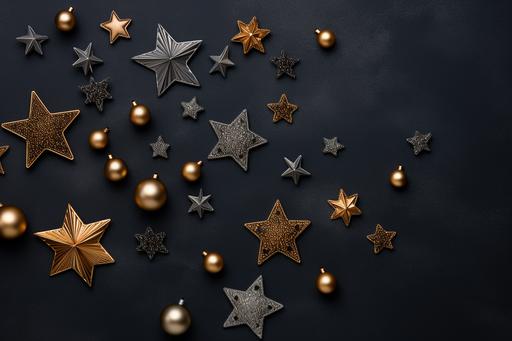 christmas gold stars and decorations on black background, in the style of minimalist backgrounds, sterling silver highlights, creative commons attribution, unique and one-of-a-kind pieces, mundane materials, exacting precision, dark silver and gold --ar 128:85