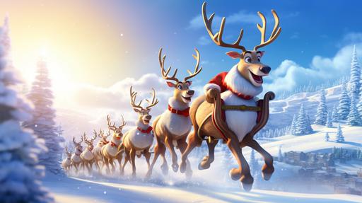 christmas reindeer, Dasher and Dancer, Prancer and Vixen, Comet and Cupid, Donner and Blitzen, santa's sleigh, pixar animation, --ar 16:9