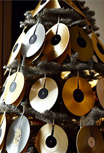 christmas tree filled with gold and silver vinyl record ornaments, 8k --v 4 --ar 2:3