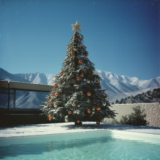 christmas tree in the south of france in the middle of a swimming pool, in the mountains with snow realistic photo from the 70s