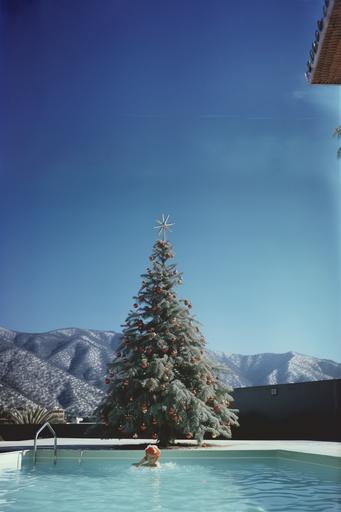 christmas tree in the south of france in the middle of a swimming pool, in the mountains with snow realistic photo from the 70s