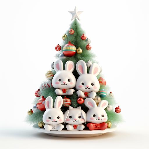 christmas tree on white backgrouns with bunnys on the christmas tree funny 3d kids vibe