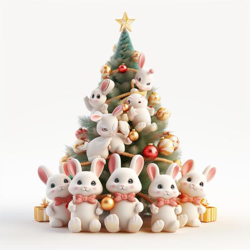 christmas tree on white backgrouns with bunnys on the christmas tree funny 3d kids vibe