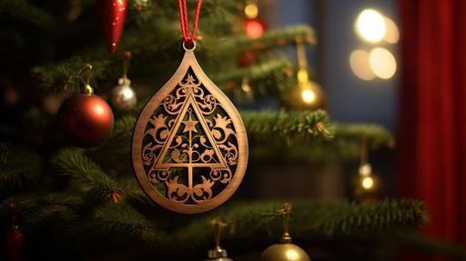 christmas tree with a metal ornament hanging behind a blurry background, in the style of dusan djukaric, bentwood, ue5, carving, animal motifs, creative commons attribution, rtx --ar 16:9