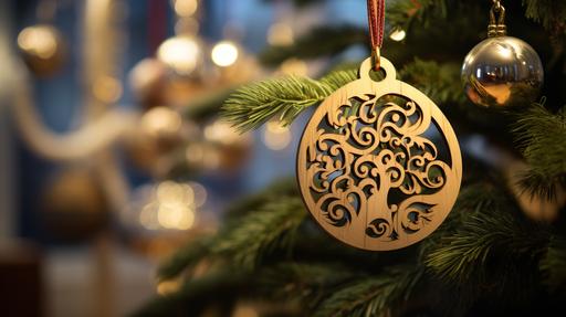 christmas tree with a metal ornament hanging behind a blurry background, in the style of dusan djukaric, bentwood, ue5, carving, animal motifs, creative commons attribution, rtx --ar 16:9