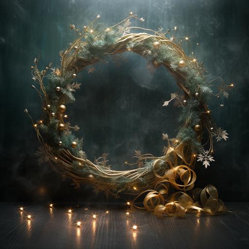 christmas wreath, gold silver dark green, festive, bokeh
