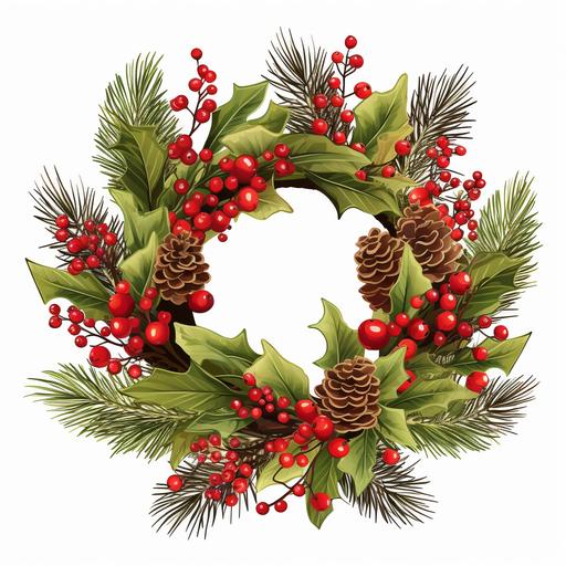 christmas wreath isolated on white background vector | price 1 credit usd $1, in the style of hyper-realistic details, traditional composition, caffenol developing, kitsch and camp charm, symmetrical arrangement, matte background, highly realistic