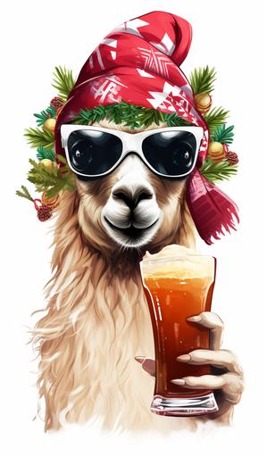 christmass llama guanaco. party and beer. tropical vibe. christmass decoration white background. --ar 7:12