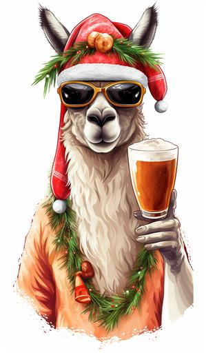 christmass llama guanaco. party and beer. tropical vibe. christmass decoration white background. --ar 7:12