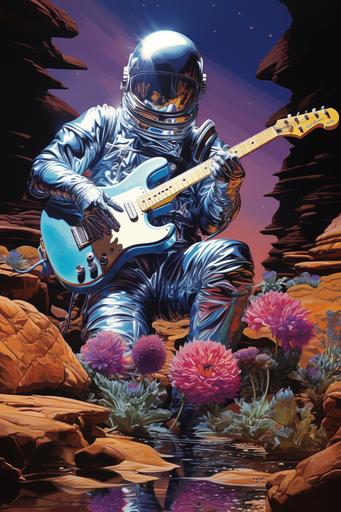 chrome glossy reflective astronaut suit playing electric guitar, robot astronaut, alien planet, blue and purple succulents, Hajime Sorayama, A.M Cassandre, frank frazetta, Moebius, geometric poster, travel poster, vintage, american 1950, vhs film poster, no text, retro-futurism, solarpunk --ar 6:9 --s 250