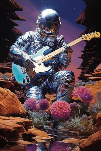 chrome glossy reflective astronaut suit playing electric guitar, robot astronaut, alien planet, blue and purple succulents, Hajime Sorayama, A.M Cassandre, frank frazetta, Moebius, geometric poster, travel poster, vintage, american 1950, vhs film poster, no text, retro-futurism, solarpunk --ar 6:9 --s 250