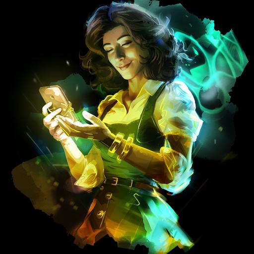 portrait of a brunette woman holding her phone, beautiful hand, steampunk, ligne claire, illustration, yellow and emerlald --sref  --cref  --cw 0