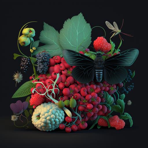 chttps://s.mj.run/ksDfXEUENVQ> HD, 3D, abstract hyperreal still life insects flora nature in the style of Deb Stoner and Maria Sibylla Merian::8 red currants, geranium, fringe flower, legumes, dragonfly, cinnabar moth, pomegranate, June bug, rose hip, Tussock moth,ichneumon wasp, honeysuckle, long- horned beetle, guava, toad::6 HDR, volumetric light, symmetrical composition, rule of thirds. luminous, contrast, depth, dimensionality, tenebrism, layered, textured:7 dark naturalism, reflection, memento mori:3 - - upbeta - - uplight - - c 100 - - s 20000