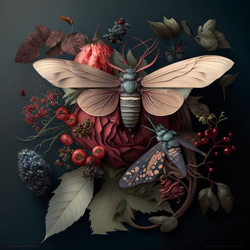 chttps://s.mj.run/ksDfXEUENVQ> HD, 3D, abstract hyperreal still life insects flora nature in the style of Deb Stoner and Maria Sibylla Merian::8 red currants, geranium, fringe flower, legumes, dragonfly, cinnabar moth, pomegranate, June bug, rose hip, Tussock moth,ichneumon wasp, honeysuckle, long- horned beetle, guava, toad::6 HDR, volumetric light, symmetrical composition, rule of thirds. luminous, contrast, depth, dimensionality, tenebrism, layered, textured:7 dark naturalism, reflection, memento mori:3 - - upbeta - - uplight - - c 100 - - s 20000