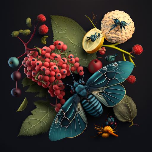 chttps://s.mj.run/ksDfXEUENVQ> HD, 3D, abstract hyperreal still life insects flora nature in the style of Deb Stoner and Maria Sibylla Merian::8 red currants, geranium, fringe flower, legumes, dragonfly, cinnabar moth, pomegranate, June bug, rose hip, Tussock moth,ichneumon wasp, honeysuckle, long- horned beetle, guava, toad::6 HDR, volumetric light, symmetrical composition, rule of thirds. luminous, contrast, depth, dimensionality, tenebrism, layered, textured:7 dark naturalism, reflection, memento mori:3 - - upbeta - - uplight - - c 100 - - s 20000