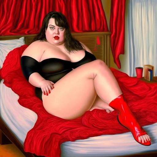 chubby beauty body crossdresser young red hight heel black stockings red thongs on bed