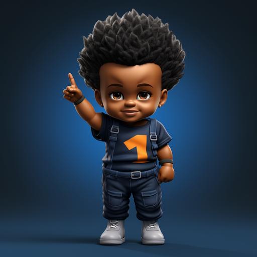 chubby one year old black boy as a dragon ball z character, dark skin, wearing afro, wearing blue bandana, holding up one finger, smiling, pants are all BLACK, shirt is ROYAL BLUE , shoes are ROYAL BLUE, 3d cartoon, large orange number 1 on solid black background