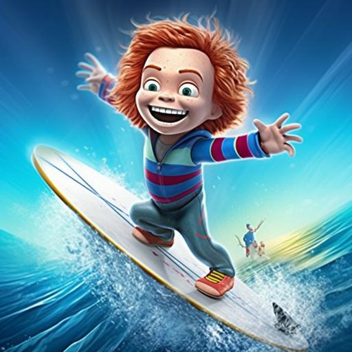 chucky rides a giant wave with surfboard andswimming suit shiny blue sky background killer white shark swimming on the side pixar style 2d high quality