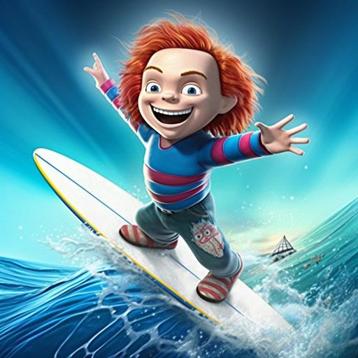 chucky rides a giant wave with surfboard andswimming suit shiny blue sky background killer white shark swimming on the side pixar style 2d high quality