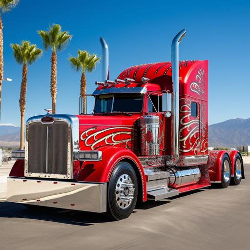classic custom cherry red peterbilt semi truck and trailer made in style of lowrider with mexican american ornaments on stainless steel parts of truck and wire spoke wheels