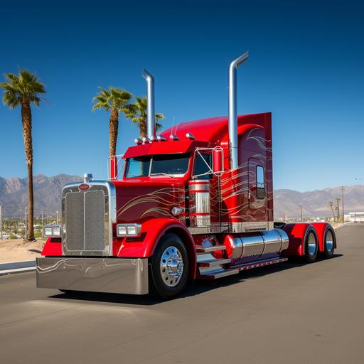 classic custom cherry red peterbilt semi truck and trailer made in style of lowrider with mexican american ornaments on stainless steel parts of truck and wire spoke wheels