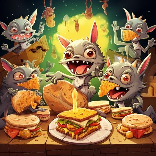 chupacabra bocadillo adventure, everyone is eating sandwiches, lawless, dangerous cartoon, bright, made for childrens book, full of enthusiasm, radiant energy