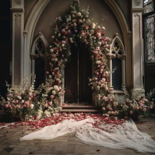 church decorated for a wedding with a floral arch, brides bouquet and veil discarded on the ground