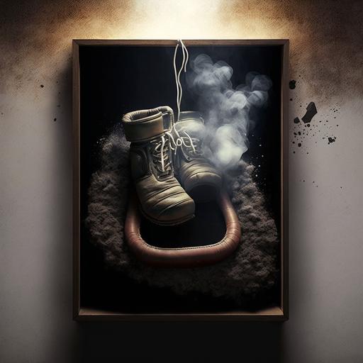 cigarette in an ashtray burning hanging boxing gloves and make it dusty and ashes poster border hd render high resolution