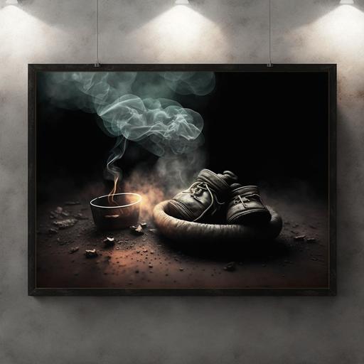 cigarette in an ashtray burning hanging boxing gloves and make it dusty and ashes poster border hd render high resolution