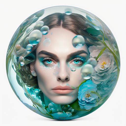 cindy crawford, Girl face with big eyes, rosey cheeks, pale skin, green eyes , small nose and amphibious features in a sky blue glass ball with exotic flowers, high fashion beauty photographic quality
