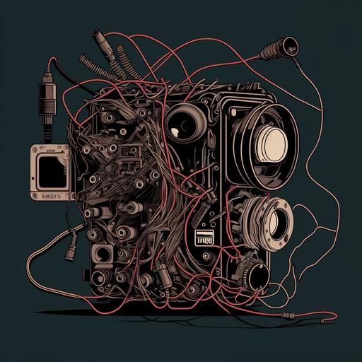 /cinema camera vector outline, broken apart, cables torn, show insides, arri, arriflex, arri alexa mini