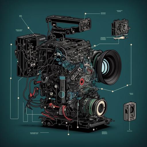 /cinema camera vector outline, broken apart, cables torn, show insides, arri, arriflex, arri alexa mini