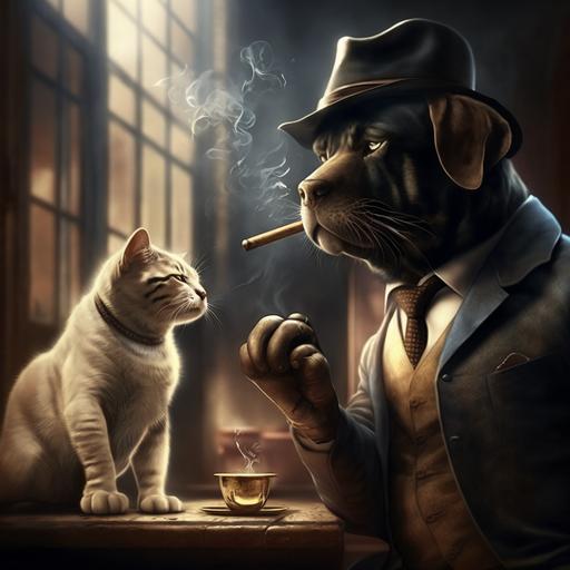 cinema effects portrait of an italian mafia cat cracking a deal with a mexican druglord labrador smoking a cigar