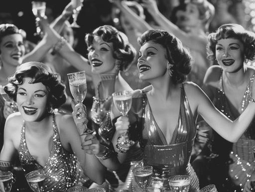 cinema scene, art deco clothing flapper dancer joy, sequins, gold, silver, champagne celebration, styled by edith head, lighting by George Hurrell, art direction by Busby Berkley --ar 53:40 --v 6.0