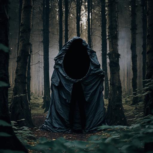cinematic, 25mm, young guy stands in a small clearing in a heavy forest, a black plastic sheet wraps around something, it looks like an evil figure with no features